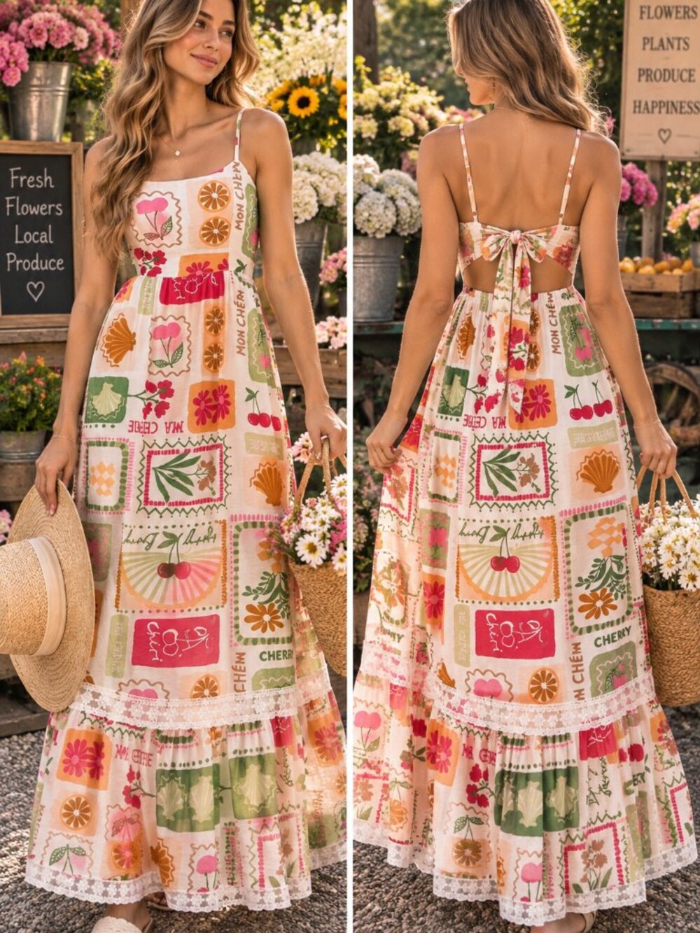 NWT Dee Elly Cherry Farm Market Print Maxi Dress XS